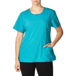 🆕 Cherokee Infinity Round Neck Scrub Top 4-Way Stretch 3 Pockets Teal Blue